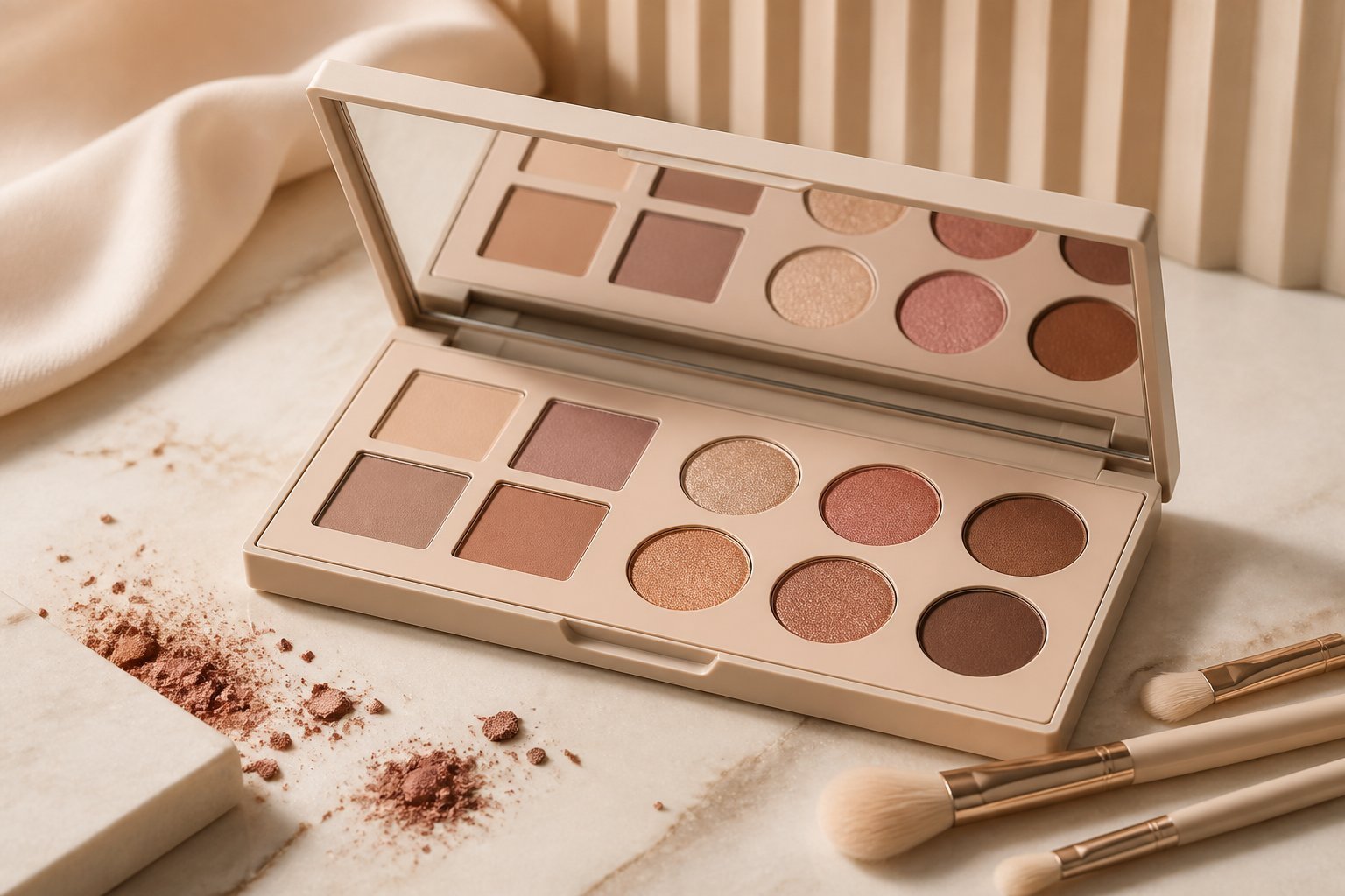 An open luxury makeup palette with neutral eyeshadows and makeup brushes on a light surface.